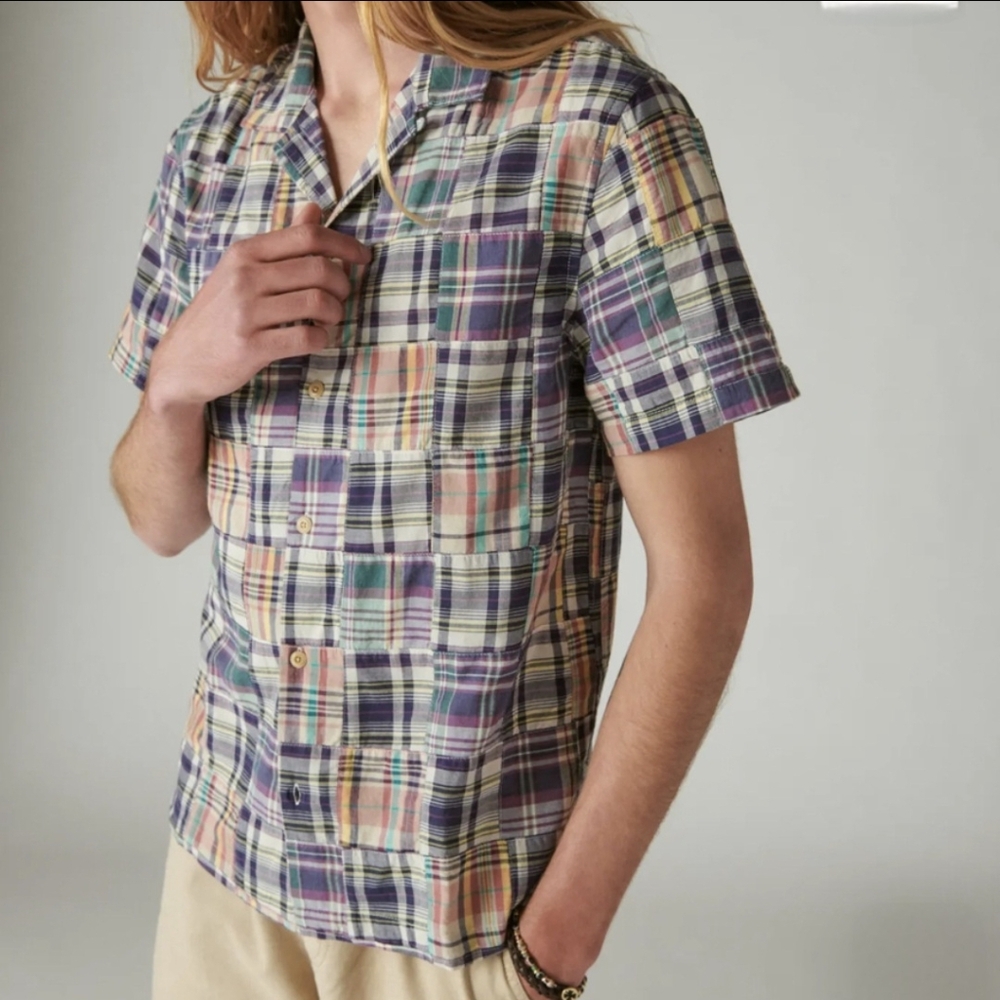 Lucky Brand Madras Plaid Patchwork Short Sleeve Button Down Shirt Size Small